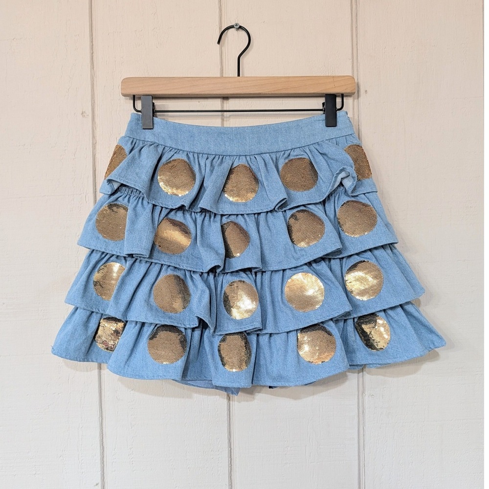 Queen of Sparkles Denim Tiered Polka Dot Mini Skirt Ruffle Western XS